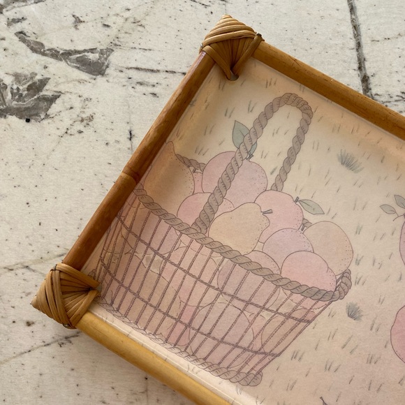 Alpac Vintage 80s Fiberglass Bamboo Tray Pastel Apples Basket Bird Design - Picture 8 of 14